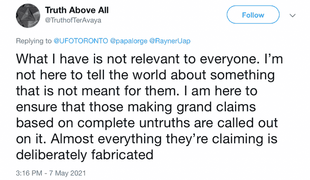 "What I have is not relevant to everyone. I'm not here to tell the world about something that is not meant for them. I am here to ensure that those making grand claims based on complete untruths are called out on it. Almost everything they're claiming is deliberately fabricated"