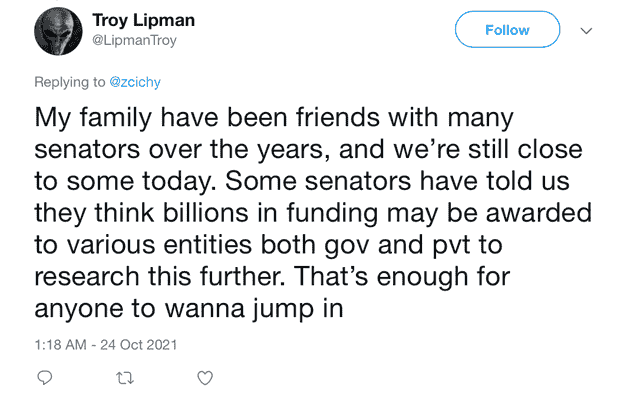 "My family have been friends with many senators over the years, and we're still close to some today. Some senators have told us they think billions in funding may be awarded to various entities both gov and put to research this further. That's enough for anyone to wanna jump in"