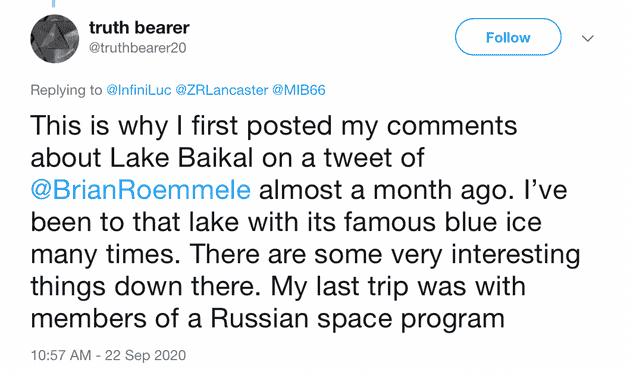"This is why I first posted my comments about Lake Baikal on a tweet of @BrianRoemmele almost a month ago. l've been to that lake with its famous blue ice many times. There are some very interesting things down there. My last trip was with members of a Russian space program"